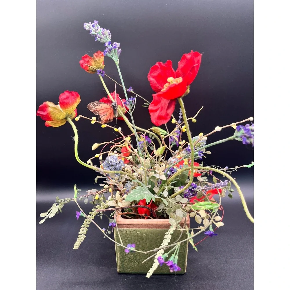 Flower Arrangement Greenery‎ Poppies Lavender Butterfly Rustic Green Ceramic Pot